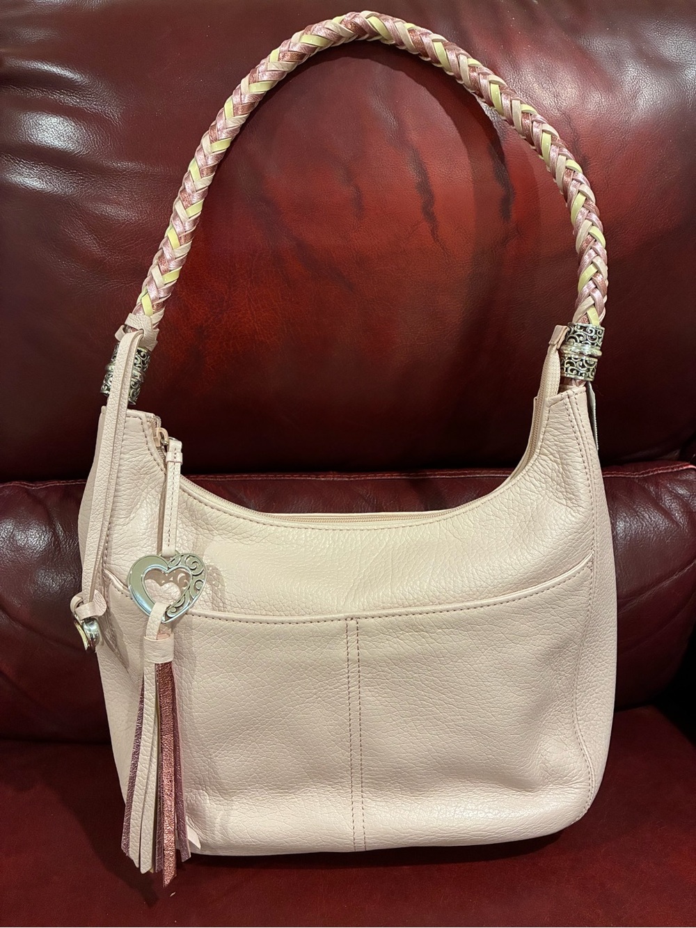 Brighton Barbados zip top, Pale Pink Leather Shoulder Bag with Braided Handle